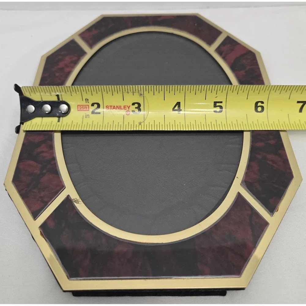 MCM Vintage Brass & Red Faux Tortoise Octagon Tabletop Frame Oval Glass Window